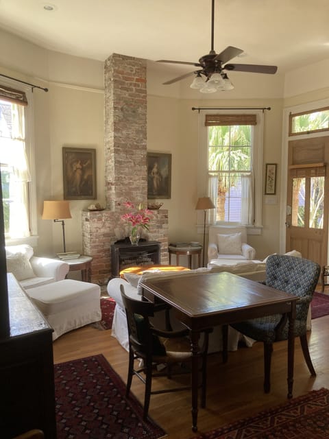 Living room with side entrance and gas fireplace