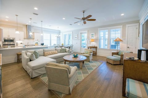 large open family room to kitchen
