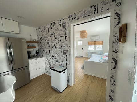 View from kitchen with barn door open