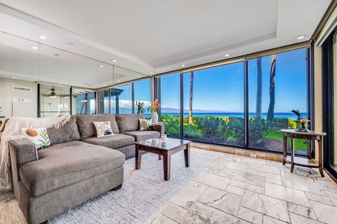 Living room with ocean front view.  View of both the islands of Lanai & Molokai!