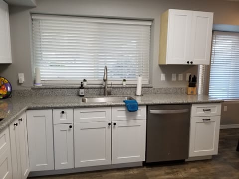 Big sink and dishwasher overlooking back patio