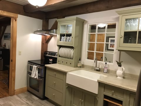New kitchen 2017. Double oven, side by side fridge, apron farmhouse sink. 