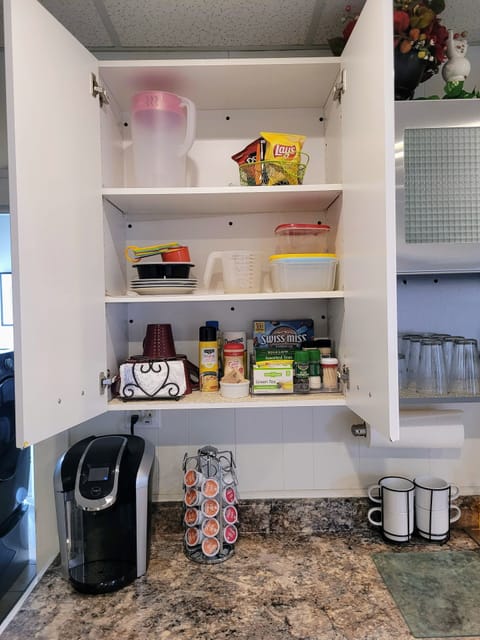 Stocked with snacks, tea, coco, coffee etc.