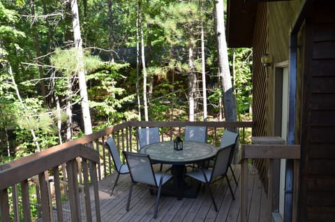 Outdoor dining in the woods - stone top table seats up to 8 on lower deck