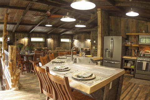 Kitchen, dining and great room areas.