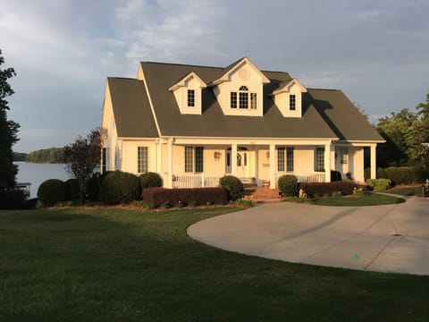 The home has beautiful views of Lake Keowee. The back yard is gently slopped. 