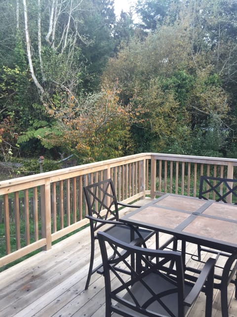 Back deck with bistro table and chairs.