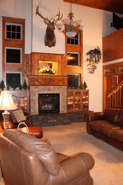 Great room has propane fire place & gorgeous stained glass book cases on sides