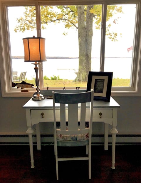 Laptop friendly workspace overlooking the lake.