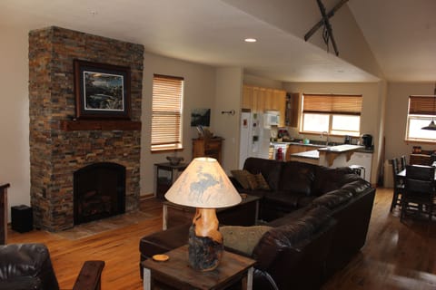 Living Room with remote controlled fireplace and flat screen TV