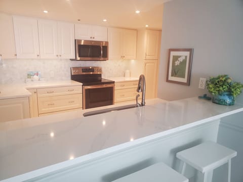 Gorgeous new kitchen with quartz countertops and marble backsplash