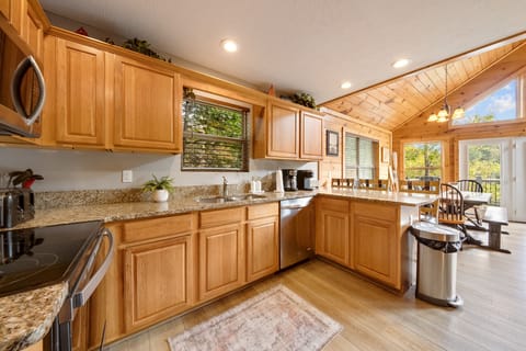 Large fully equipped and stocked kitchen.