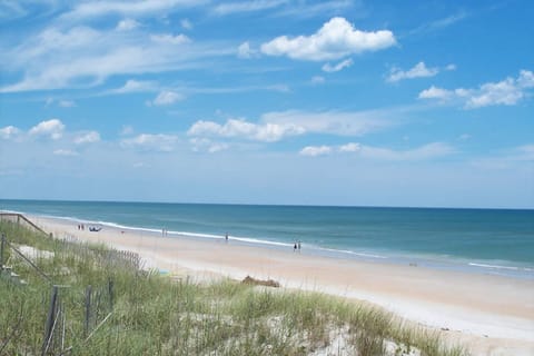5 minute walk!  Two blocks. Public parking. Beach cart at house for toys.
