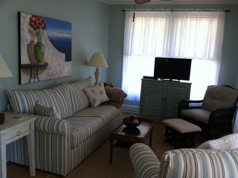 Comfortable family room with sleeper sofa and DISH TV