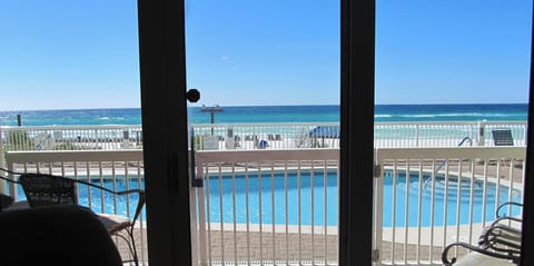 Ground floor.  Go right out the door and safety gate to the pool and beach.  