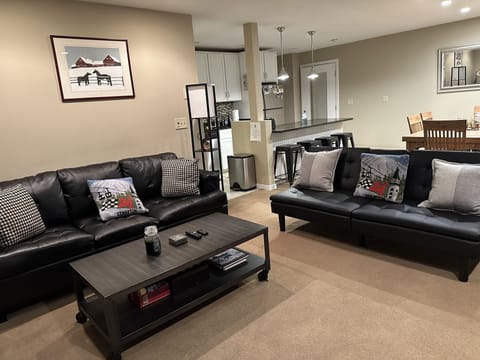 Living room sofa bed couch and a brand new futon that has a center usb drop down