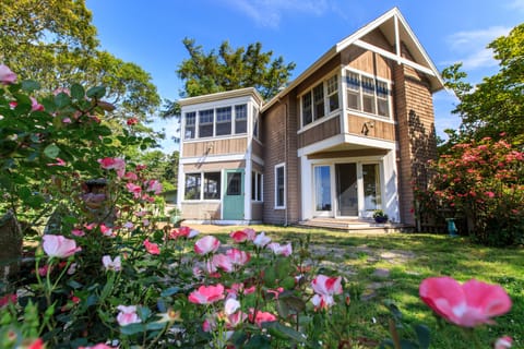 Front of contemporary addition to house as seen from the road.