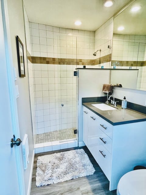 Newly remodeled bathroom with walk in shower and direct access to back yard 