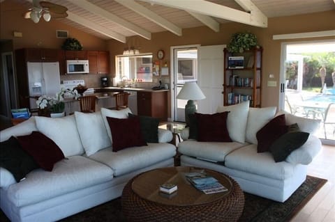 View from the living room in to the kitchen, also newly remodeled.