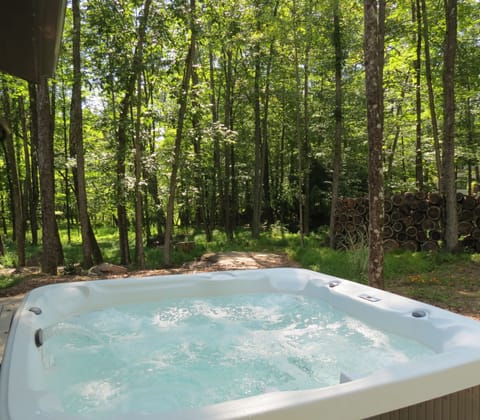 a hot tub to soak in, under open sky, overlooking the woods.
A Year round treat.