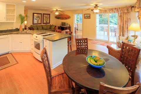 The dining area seats four, while two can sit at the counter.

