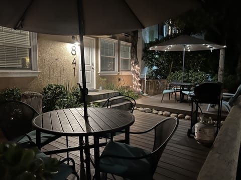 Front of house showing entrance to other cottage unit. Left patio side is yours