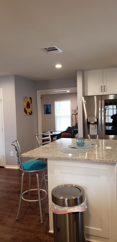 From the back door all the way to the living room.