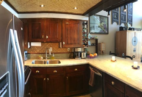 Handmade kitchen cabinetry and bamboo add to island feel.