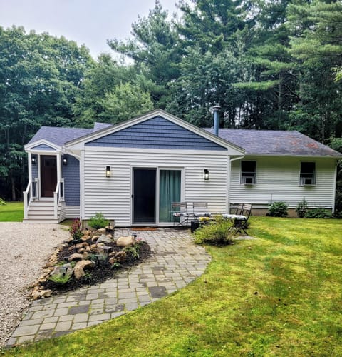 front of house with rock garden