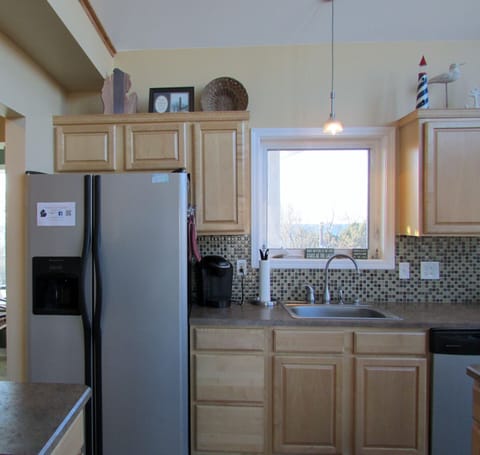 Fridge with ice maker and water dispenser.  Dishwasher. 