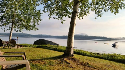 Morning view of the lake from one of the many Adirondack chairs on the property.