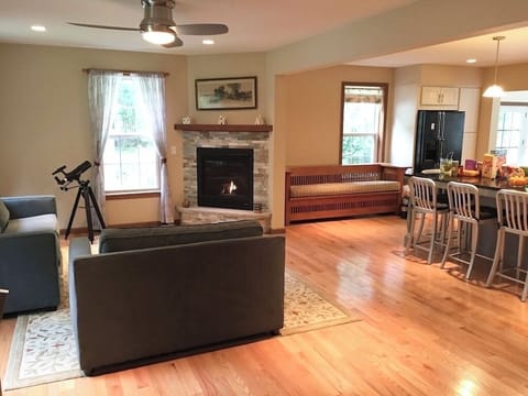 Smart TV, fireplace, DVD player, foosball