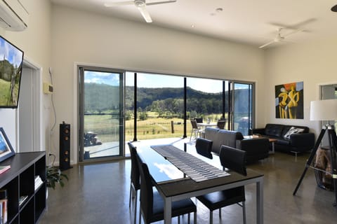 TV, fireplace, books, stereo