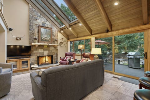 Smart TV, fireplace, DVD player, books