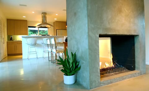 Two sided 'floating' gas fireplace between dining room and living room
