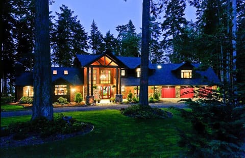 The facade of the Soaring Eagle Lodge at twilight shows its grandeur.