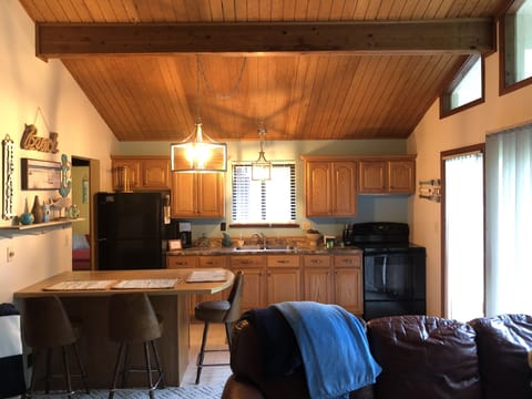 Kitchen fully stocked with dishes, pans, silverware, popcorn blower. Bring food.
