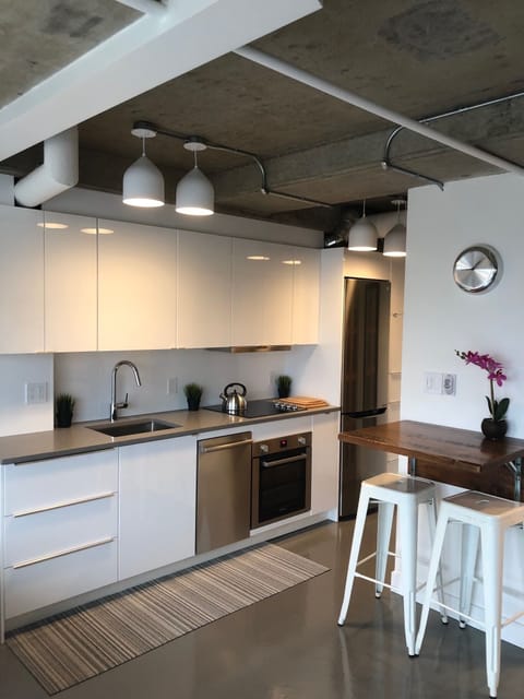 Newly renovated modern kitchen with Bosch stainless steel appliances throughout.