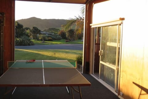 Garage/games room looking out through extra height door.