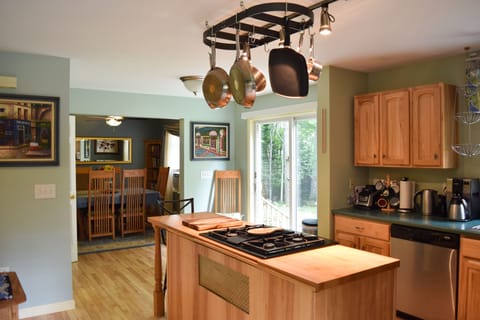 The kitchen offers easy access to the patio and is just off the dining area.