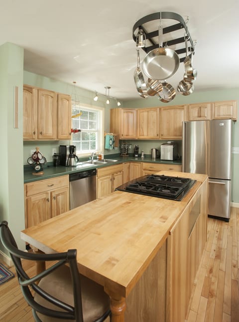 Kitchen area with plenty of cupboards and island gas range.