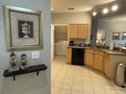 Cozy feeling upon entering the condo. Kitchen area looking into laundry room