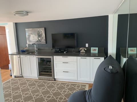 Den with ice maker and wine refrig