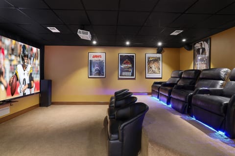 Play Xbox Series X, Playstation 5 in Paliser leather reclining seats that shake and rumble to action in video games, movies and sports. The theater is also set up with 3-D glasses for viewing 3-D movies and 3-D video games