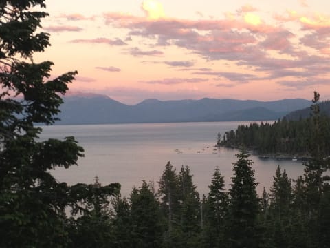 The spectacular view from our cabin. Sunset time on Tahoe's magical west shore.