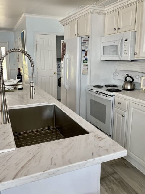 Kitchen with large stainless steel sink, refrigerator/ice maker, laundry closet