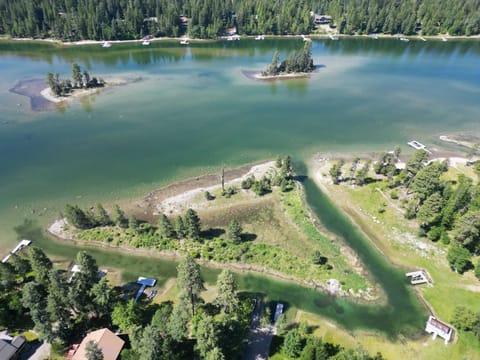 Swan Lake Chalet dock drone photo 