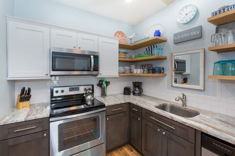 Well-appointed kitchen for longer stays when eating in is preferred