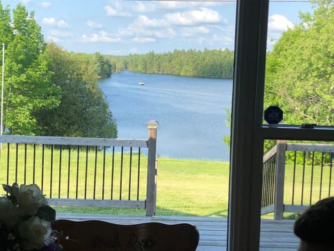 Quiet lake view from the deck.  Go down and sit on the chairs and watch the loons or a kayaker going by.