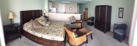 Panoramic view of condo living area.